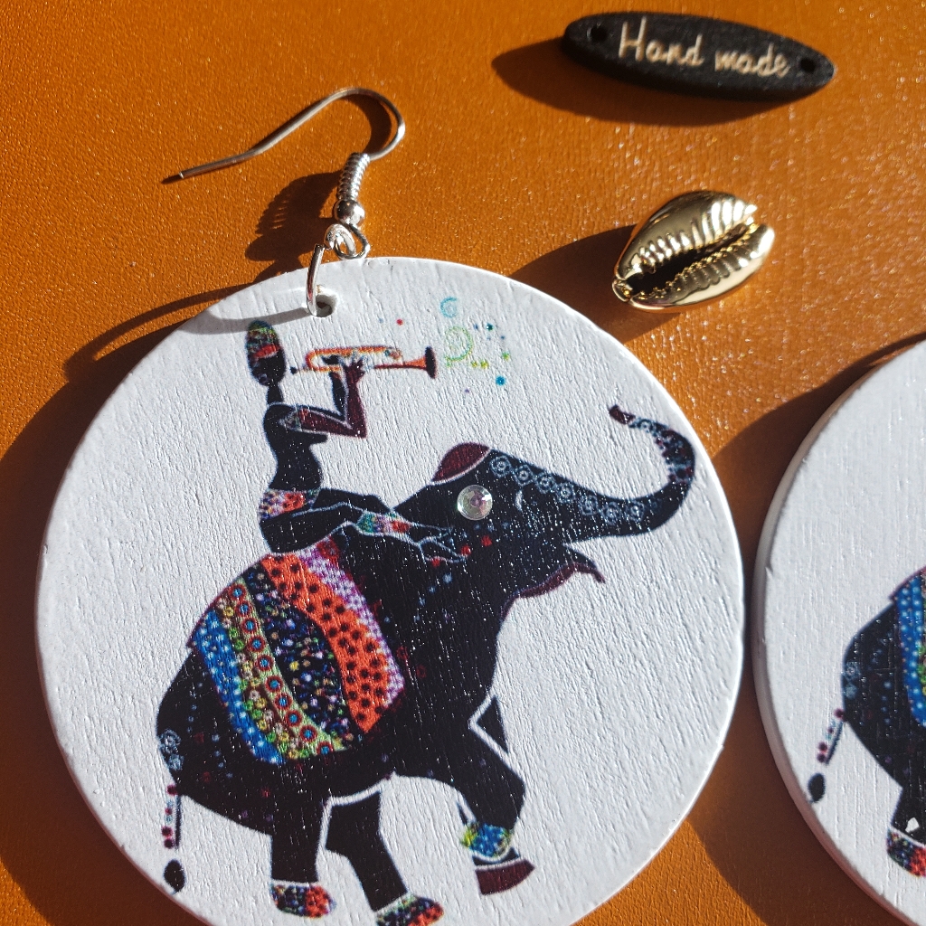 African Elephants Wooden Painted Earrings Eth